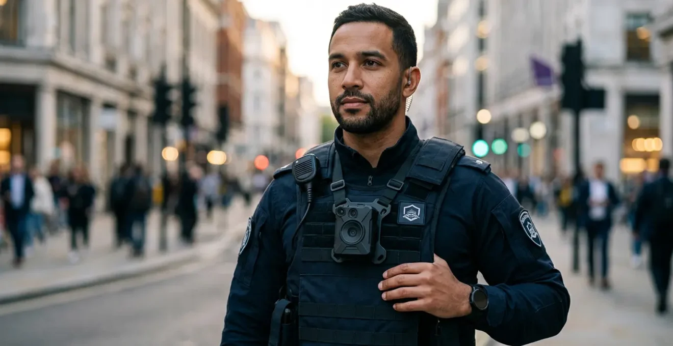Agent de sécurité équipé d'une caméra piéton lors d'une intervention professionnelle