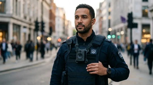 Agent de sécurité équipé d'une caméra piéton lors d'une intervention professionnelle