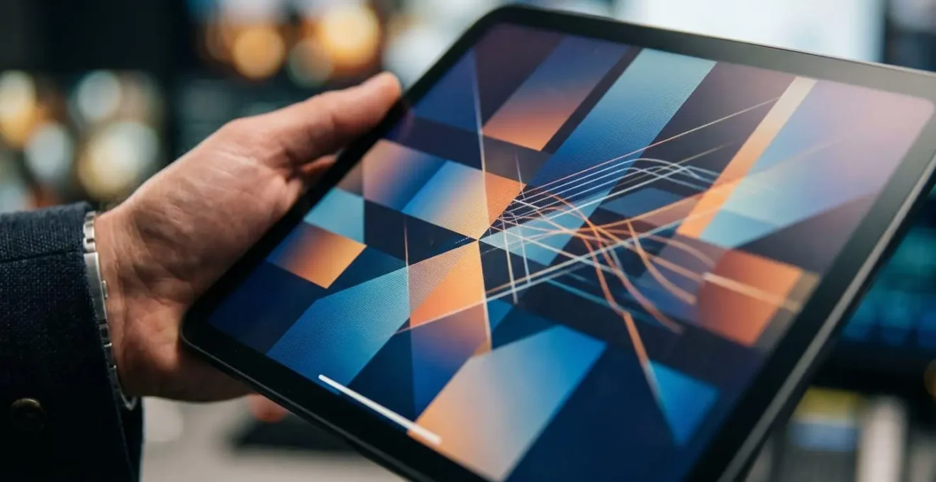 Vue rapprochée d'une tablette professionnelle affichant des graphiques d'analyse de performance de sécurité dans un environnement de contrôle