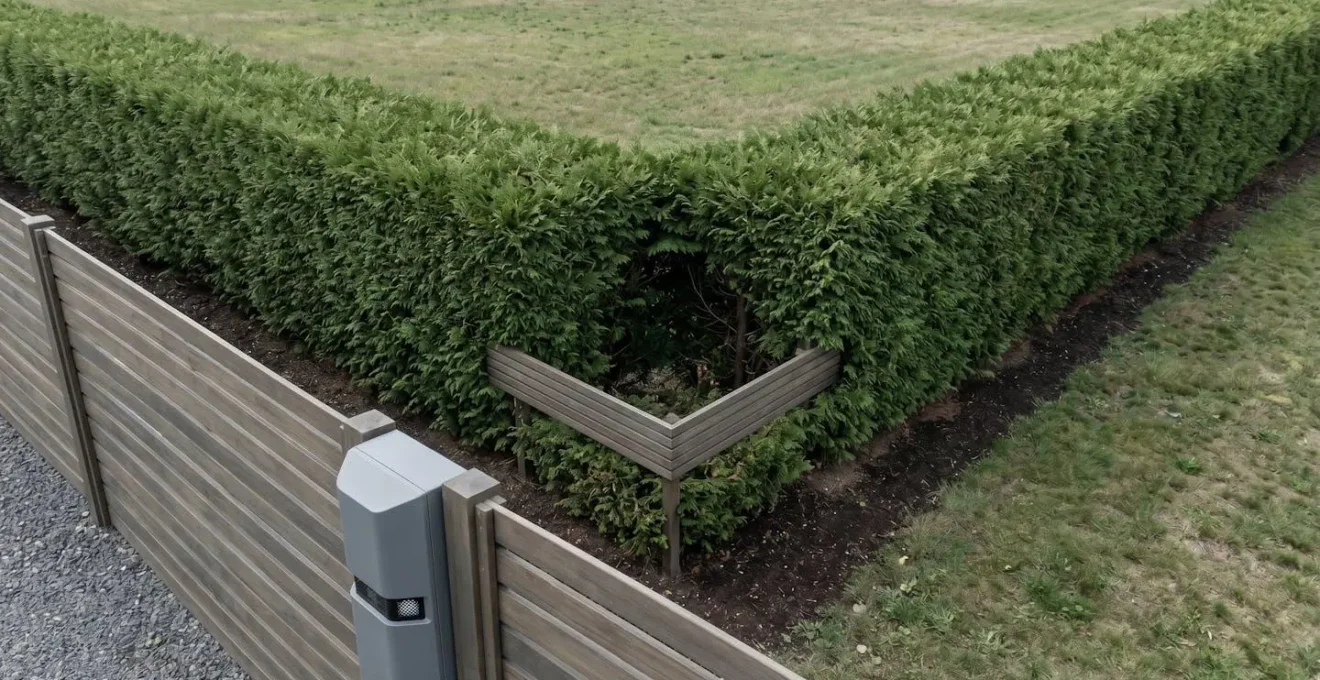 Vue aérienne d'un jardin montrant la zone d'angle mort le long d'une haie mitoyenne non couverte par les capteurs de détection