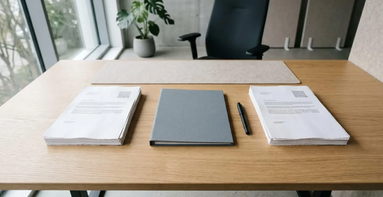 Vue en plongée d'un bureau professionnel avec documents et checklist d'audit de sécurité