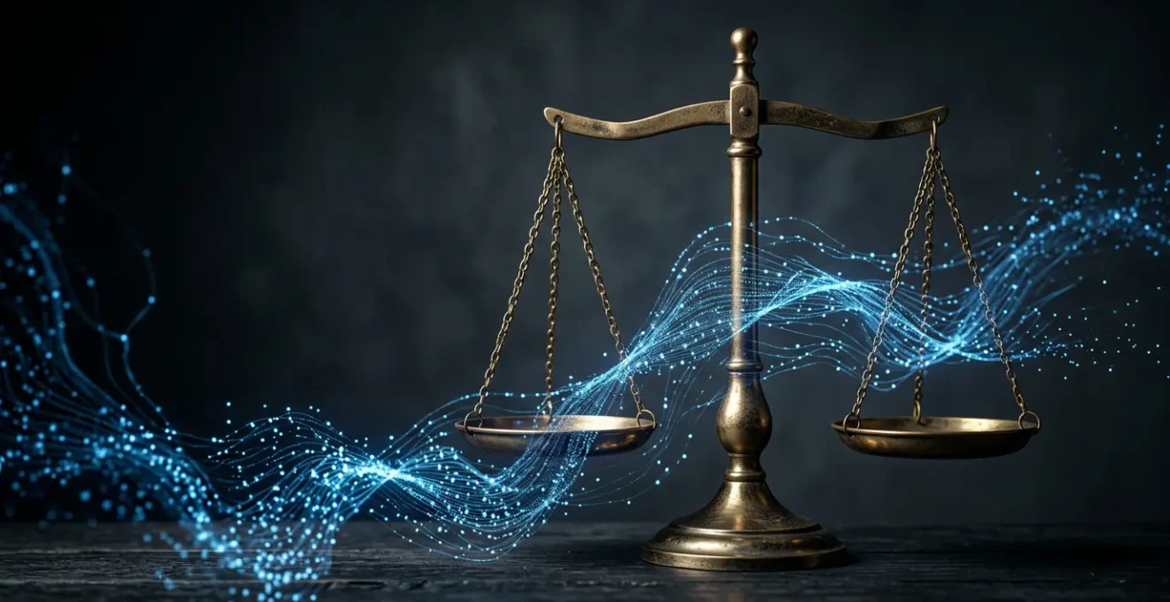 Représentation symbolique d'une balance de justice et de données numériques évoquant les sanctions administratives