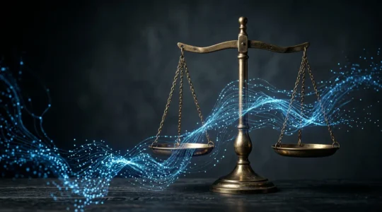 Représentation symbolique d'une balance de justice et de données numériques évoquant les sanctions administratives