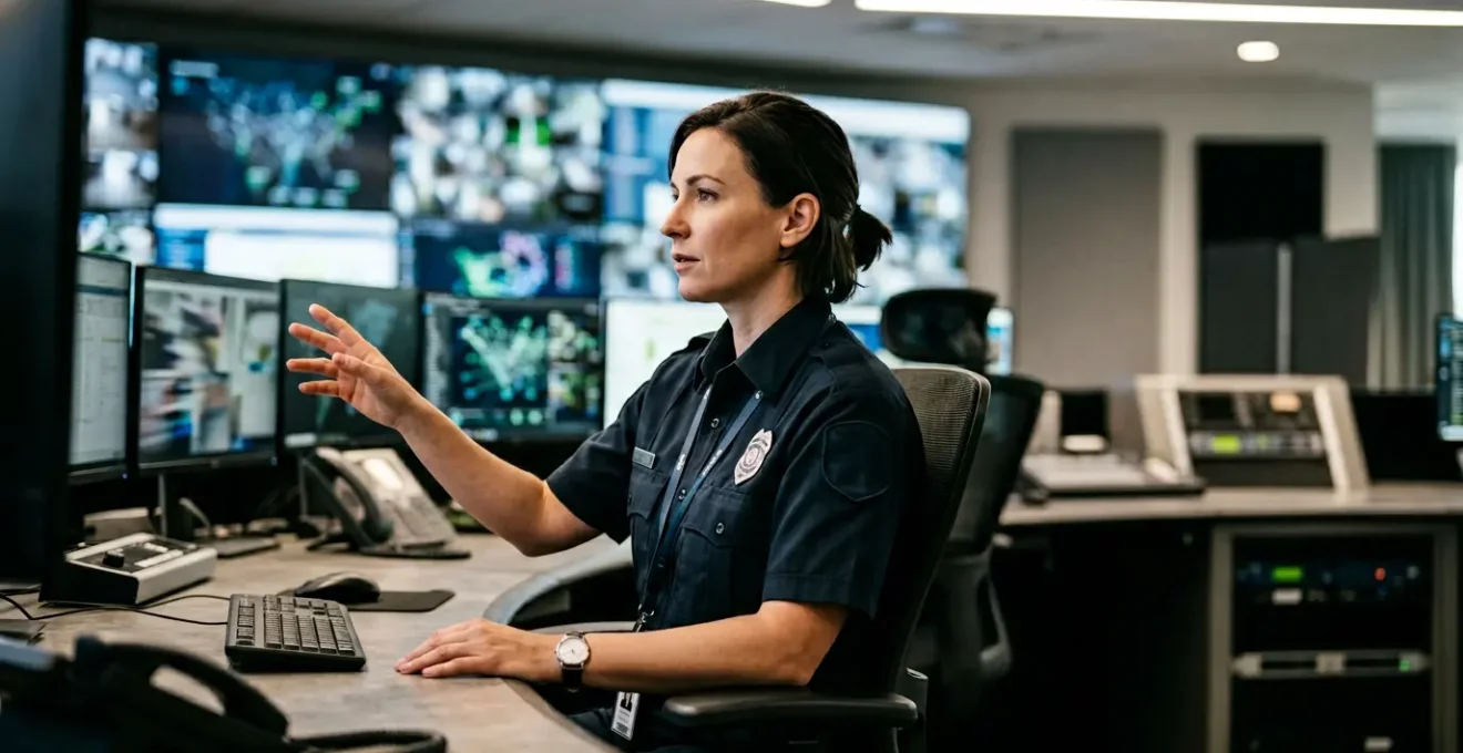 Agent de sécurité professionnel surveillant des écrans de vidéosurveillance dans un poste de contrôle moderne