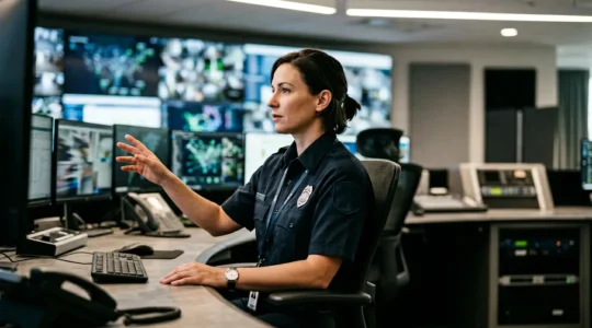 Agent de sécurité professionnel surveillant des écrans de vidéosurveillance dans un poste de contrôle moderne