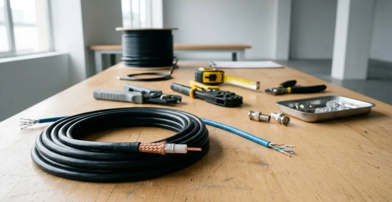 Installation professionnelle de vidéosurveillance filaire avec câbles coaxiaux et connexions sécurisées