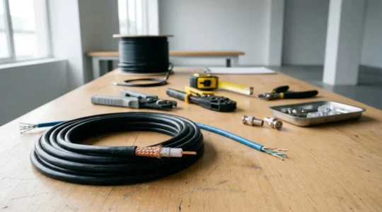 Installation professionnelle de vidéosurveillance filaire avec câbles coaxiaux et connexions sécurisées