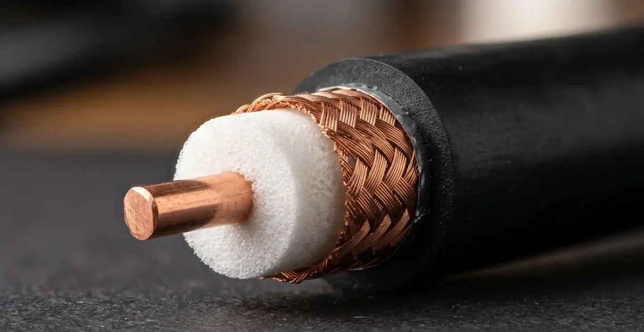 Gros plan sur câble coaxial professionnel pour vidéosurveillance HDCVI montrant la qualité de construction
