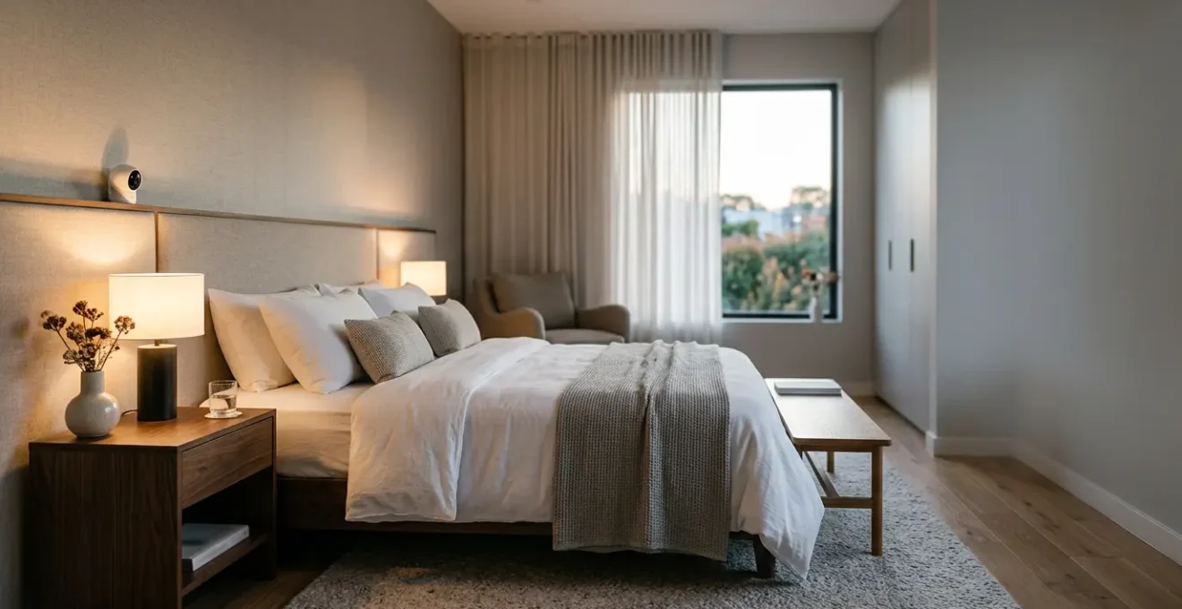 Caméra de surveillance miniature autonome positionnée discrètement dans un environnement d'hébergement moderne