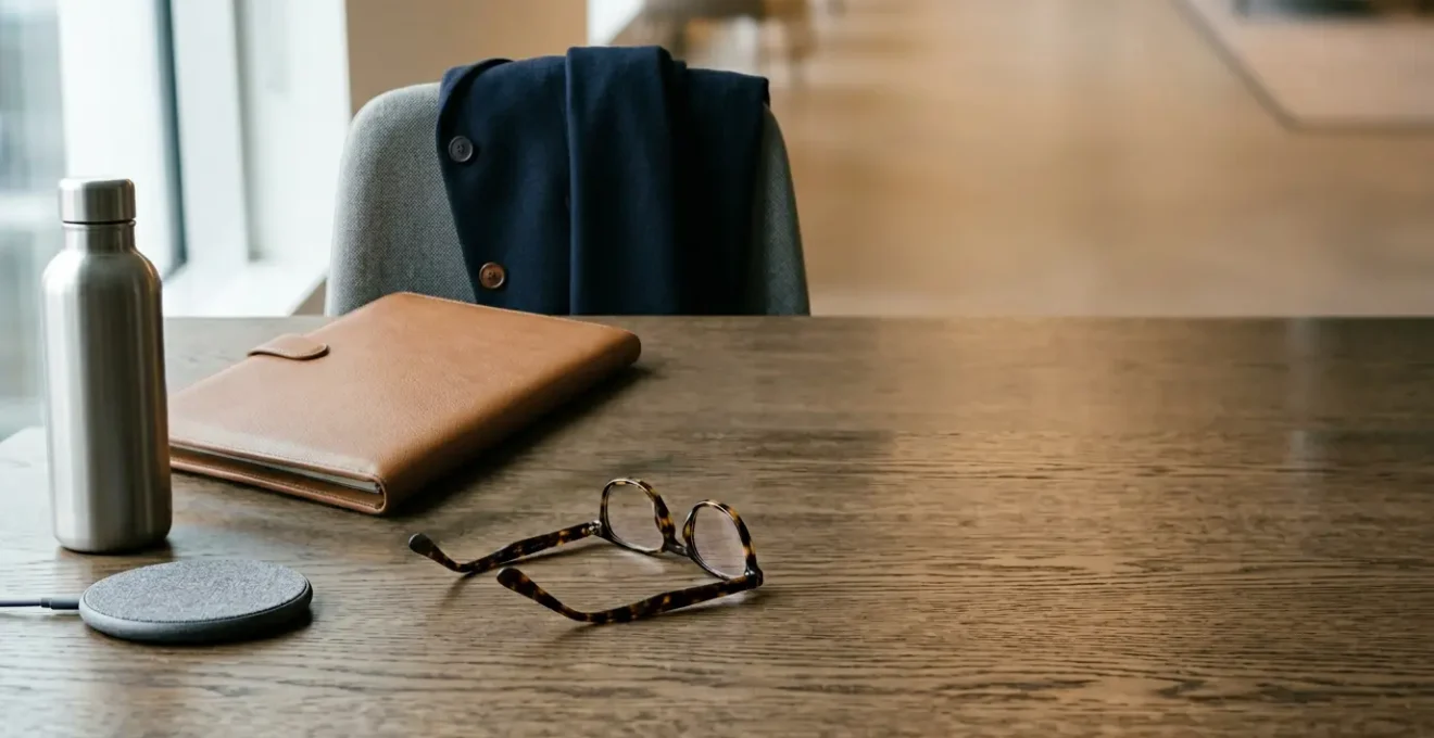 Environnement professionnel neutre avec objets du quotidien pouvant dissimuler du matériel de surveillance