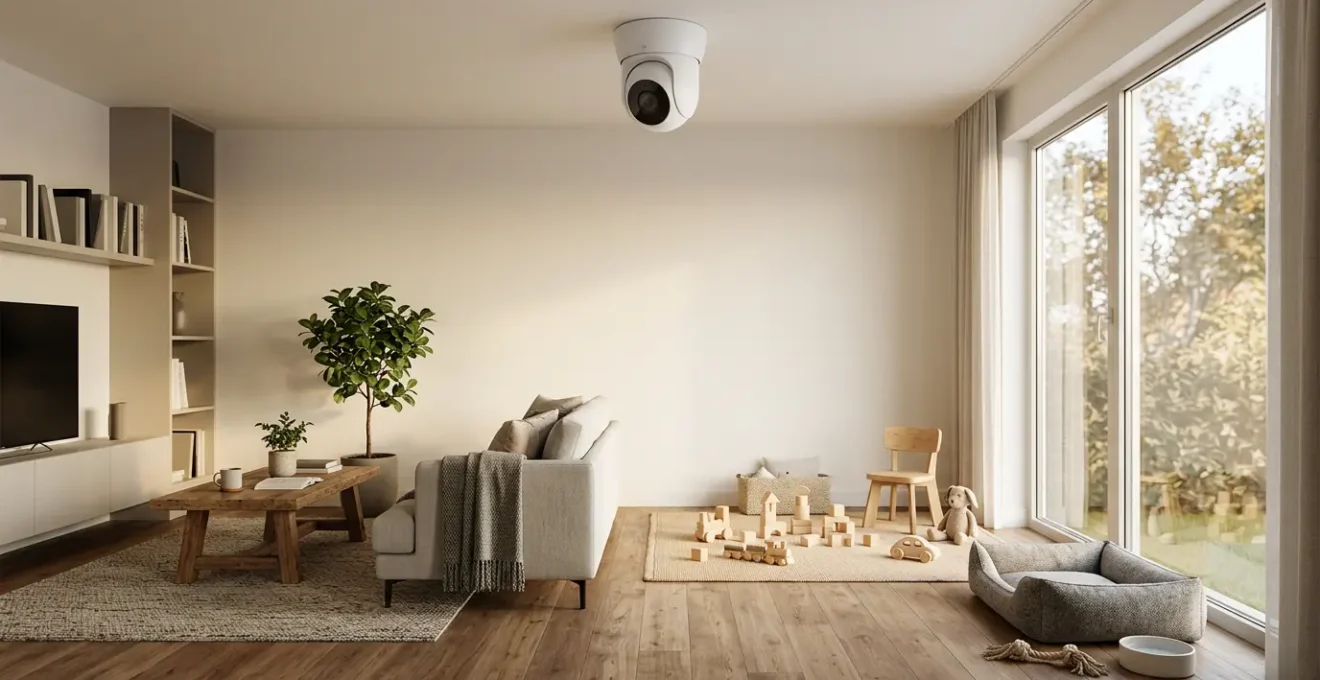 Caméra PTZ intérieure motorisée installée au plafond dans un salon moderne avec couverture panoramique