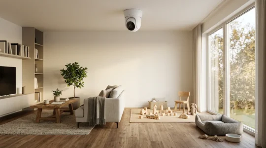 Caméra PTZ intérieure motorisée installée au plafond dans un salon moderne avec couverture panoramique