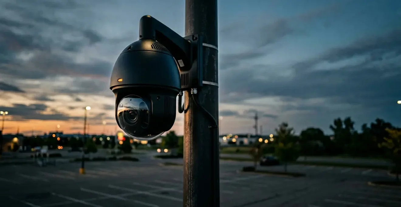 Caméra PTZ motorisée en action surveillant un grand espace extérieur