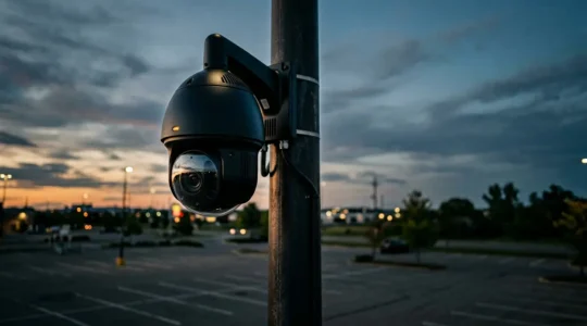 Caméra PTZ motorisée en action surveillant un grand espace extérieur