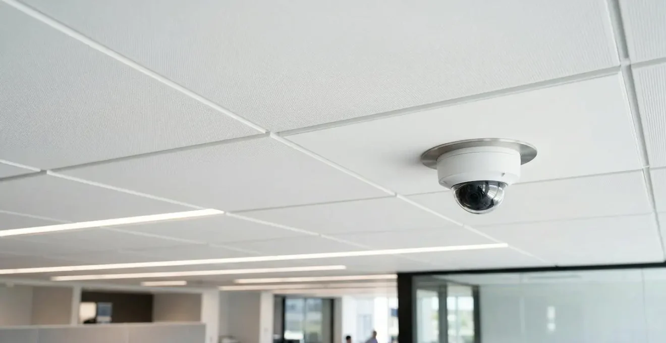 Caméra de surveillance professionnelle montée au plafond avec optique grand angle dans environnement neutre