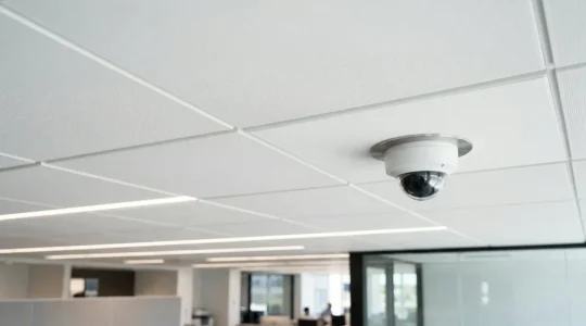 Caméra de surveillance professionnelle montée au plafond avec optique grand angle dans environnement neutre