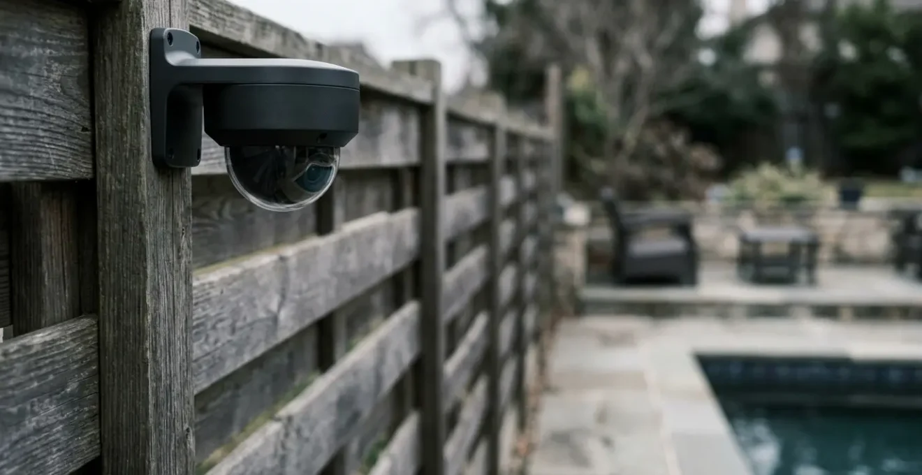 Caméra de surveillance pointée vers une propriété voisine avec piscine créant un conflit de voisinage