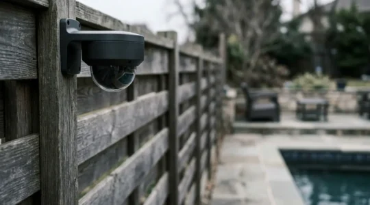 Caméra de surveillance pointée vers une propriété voisine avec piscine créant un conflit de voisinage