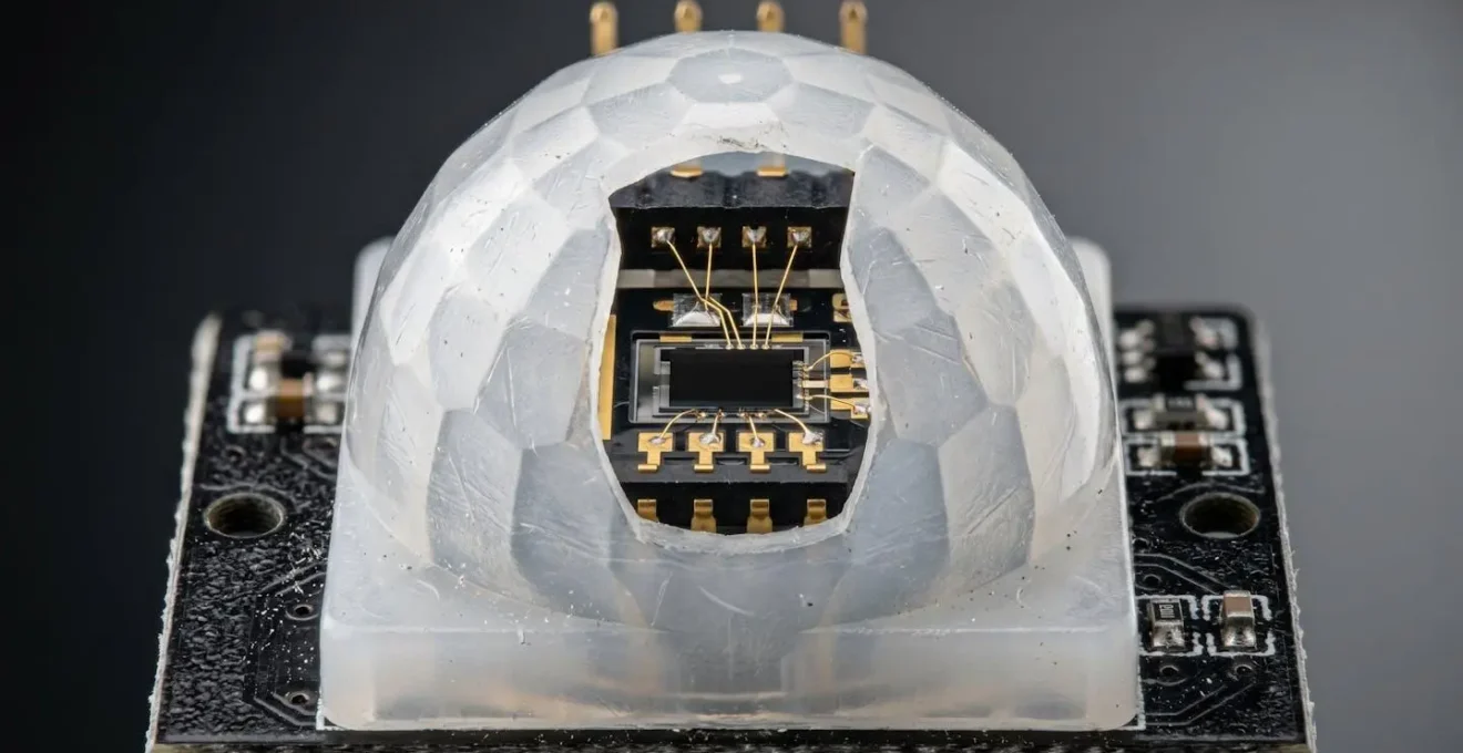 Détail macro d'un capteur infrarouge PIR montrant la technologie de détection thermique