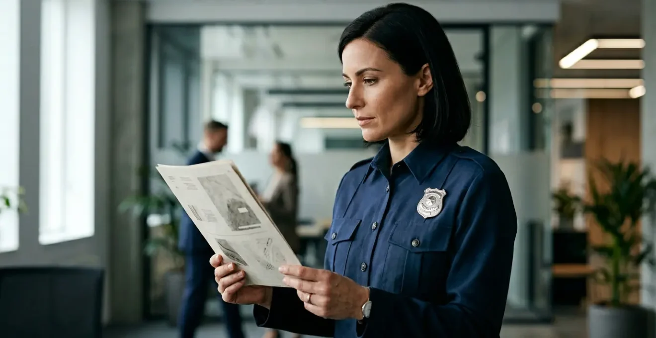 Professionnel de la sécurité en uniforme consultant un document de certification dans un environnement d'entreprise sécurisé