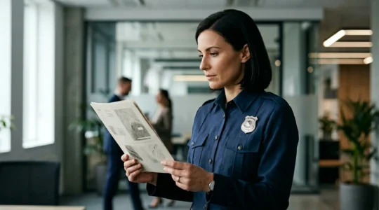 Professionnel de la sécurité en uniforme consultant un document de certification dans un environnement d'entreprise sécurisé