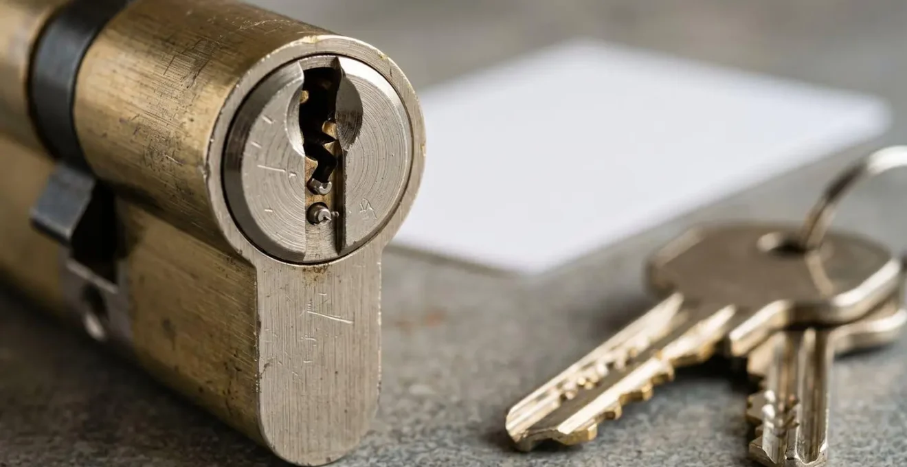 Gros plan sur un cylindre de serrure haute sécurité avec clés protégées et carte de propriété
