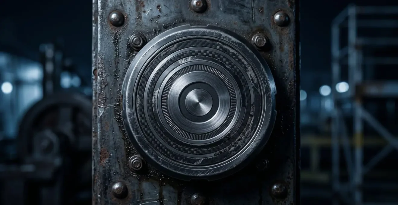 Gros plan sur un badge de contrôle de ronde NFC fixé sur une surface métallique dans un environnement industriel nocturne