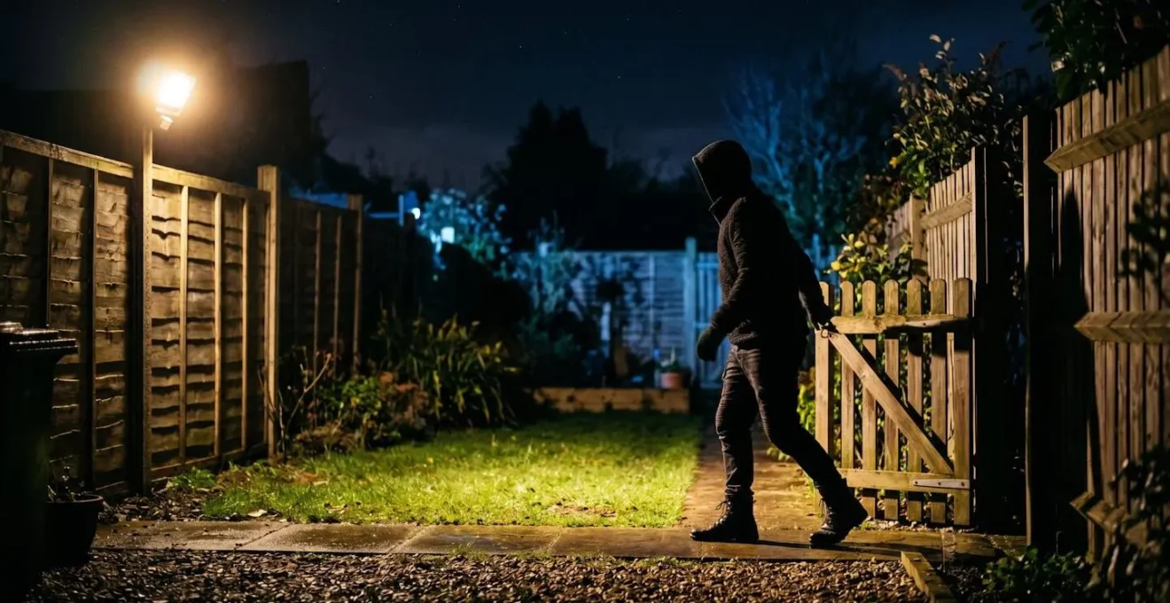 Système d'éclairage extérieur s'activant automatiquement lors de la détection d'une présence dans un jardin résidentiel la nuit