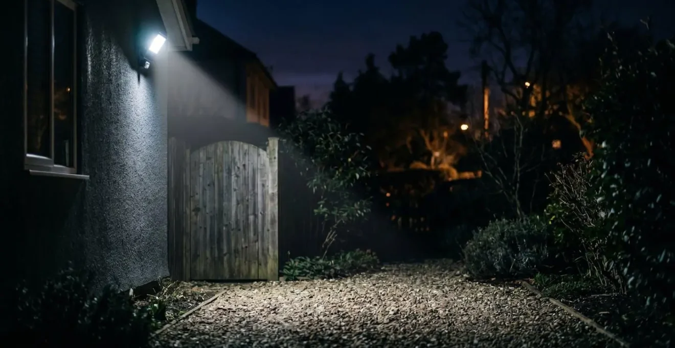 Projecteur LED à détecteur de mouvement illuminant une allée de jardin la nuit