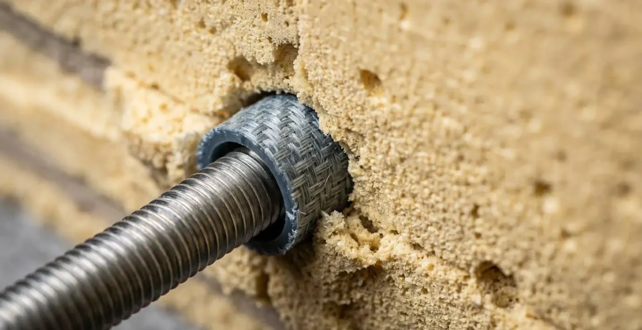 Détail technique d'une fixation traversant une isolation thermique extérieure pour support de caméra