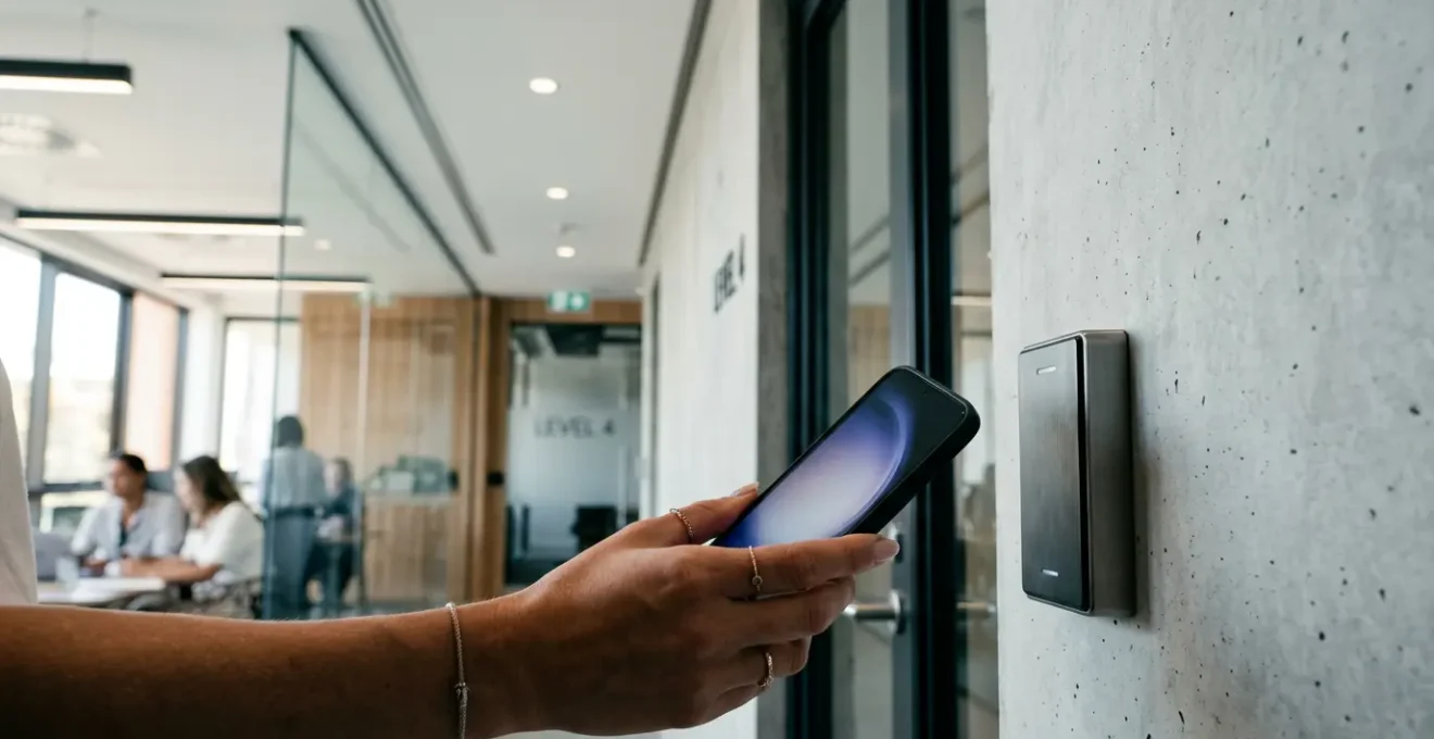 Vue en contre-plongée d'une main tenant un smartphone déverrouillant une porte connectée dans un environnement professionnel minimaliste