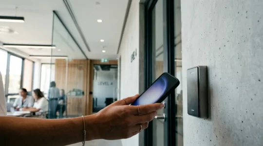 Vue en contre-plongée d'une main tenant un smartphone déverrouillant une porte connectée dans un environnement professionnel minimaliste