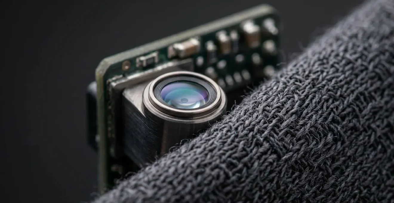 Détail macro d'une optique miniature et composants électroniques pour caméra cachée
