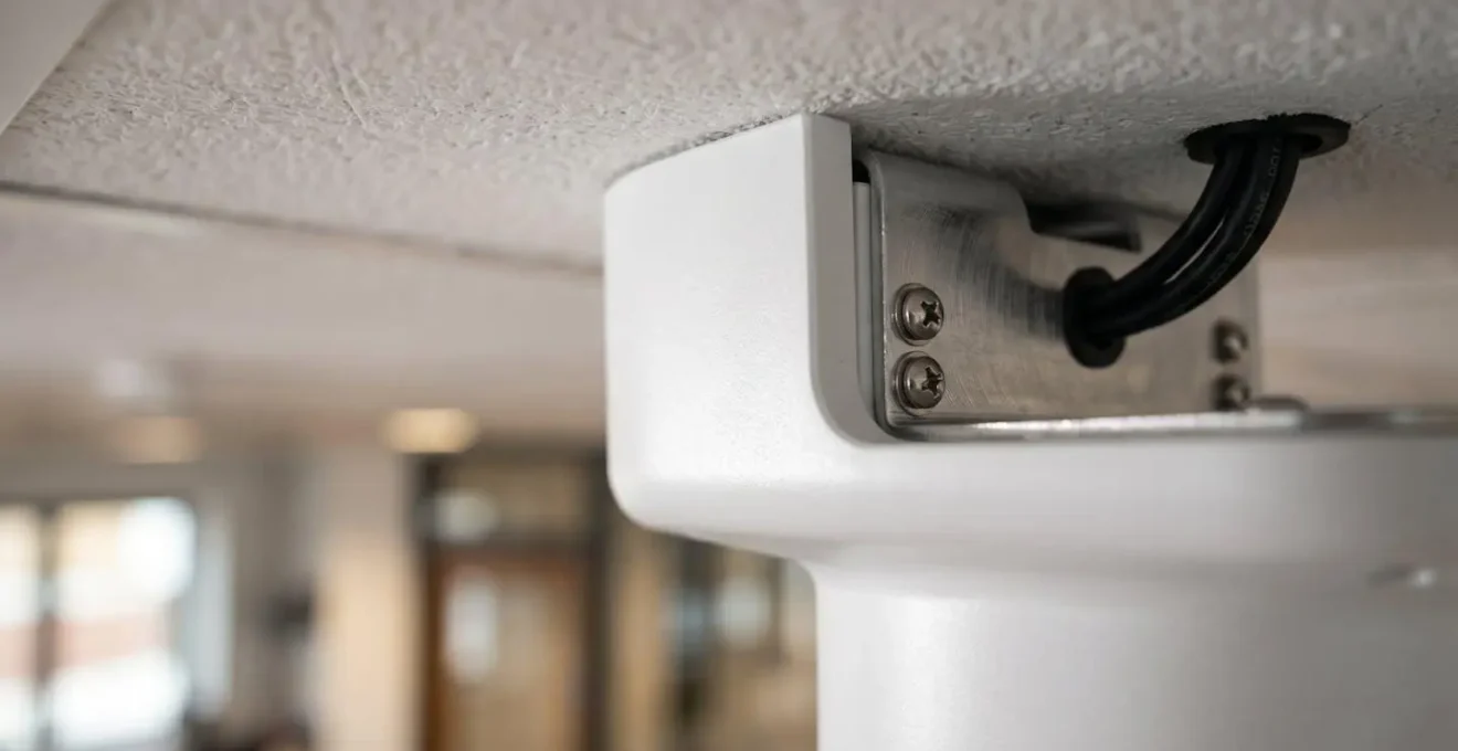 Vue en plongée d'une installation de caméra PTZ au plafond dans un angle stratégique d'une pièce
