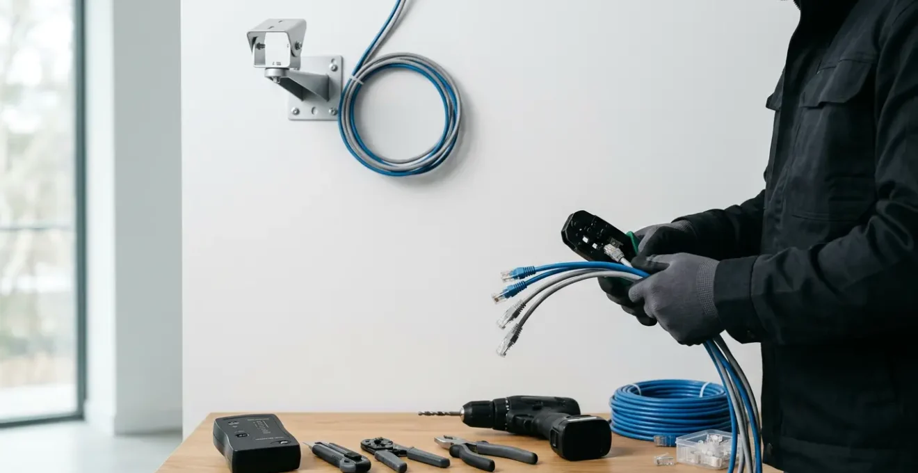 Installation professionnelle d'un kit de vidéosurveillance avec câbles réseau organisés