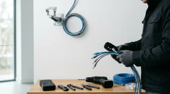 Installation professionnelle d'un kit de vidéosurveillance avec câbles réseau organisés