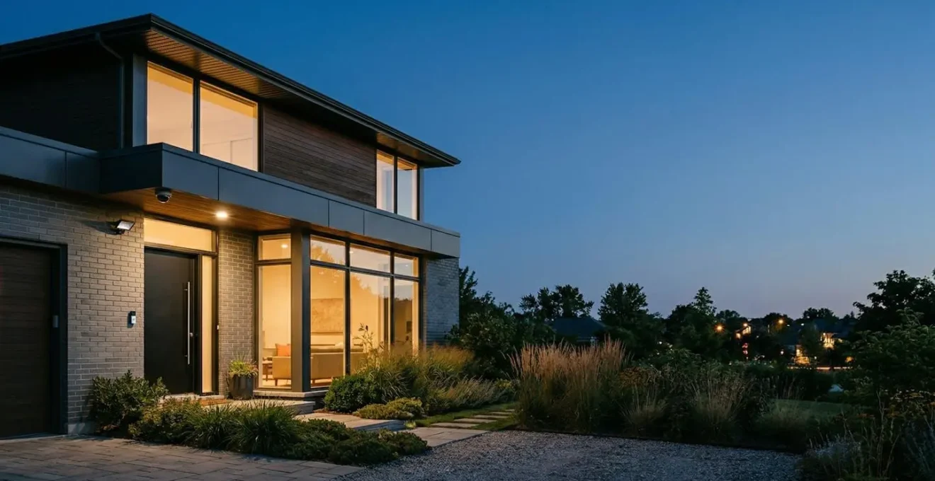 Façade de maison résidentielle moderne avec système de sécurité visible incluant caméra et éclairage intelligent