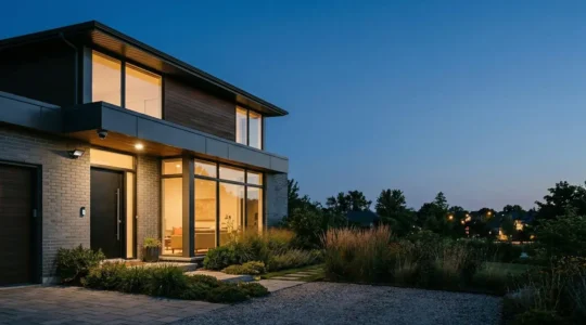 Façade de maison résidentielle moderne avec système de sécurité visible incluant caméra et éclairage intelligent