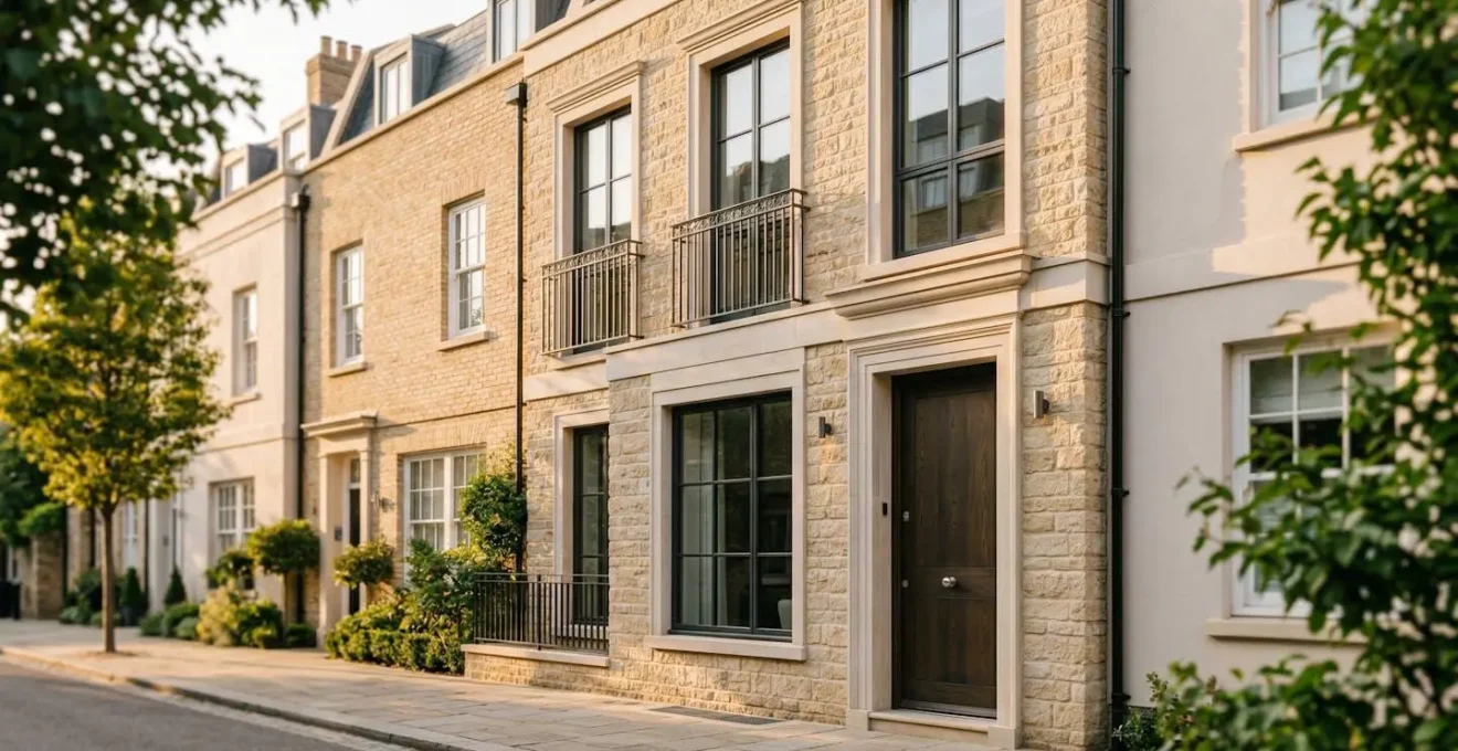 Façade élégante d'une maison de ville mitoyenne avec système de sécurité discret et architecture préservée