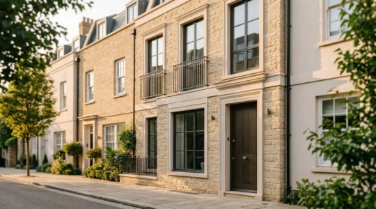Façade élégante d'une maison de ville mitoyenne avec système de sécurité discret et architecture préservée