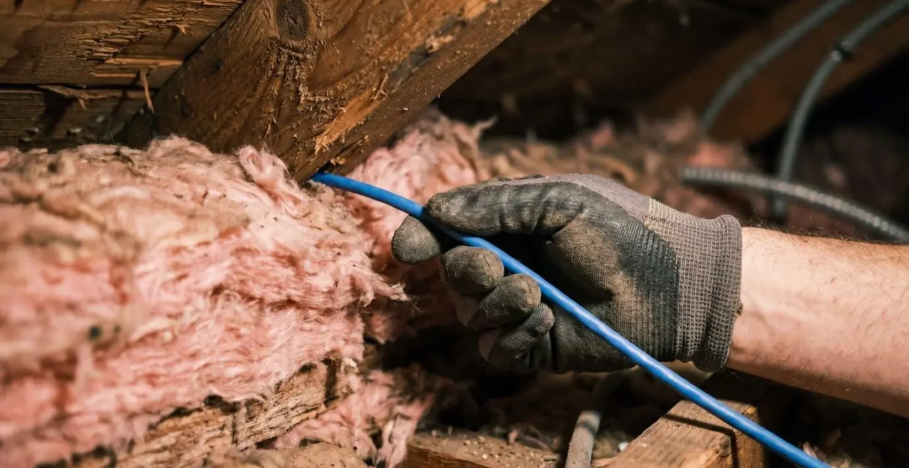 Gros plan sur l'installation de câble réseau entre isolation et structure dans des combles