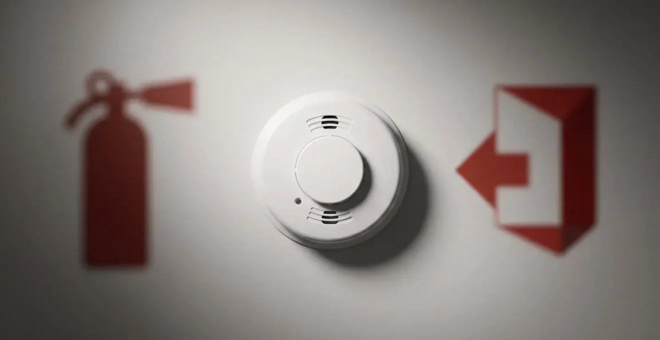 Composition symbolique évoquant la sécurité incendie domestique avec éléments de détection et protection murale