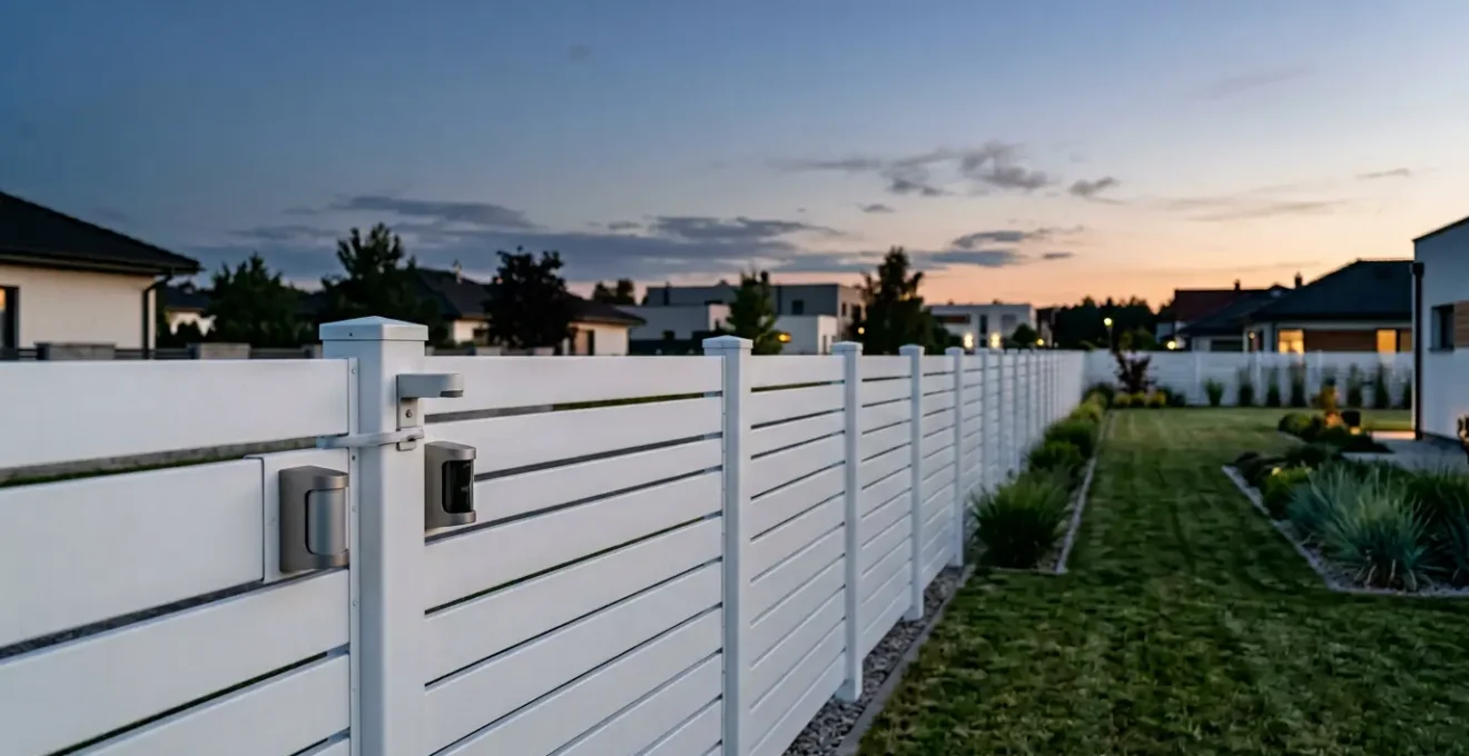 Système de détection périmétrique moderne installé sur une clôture de jardin résidentiel au crépuscule