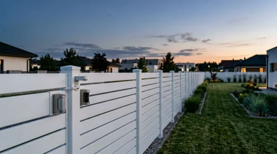 Système de détection périmétrique moderne installé sur une clôture de jardin résidentiel au crépuscule
