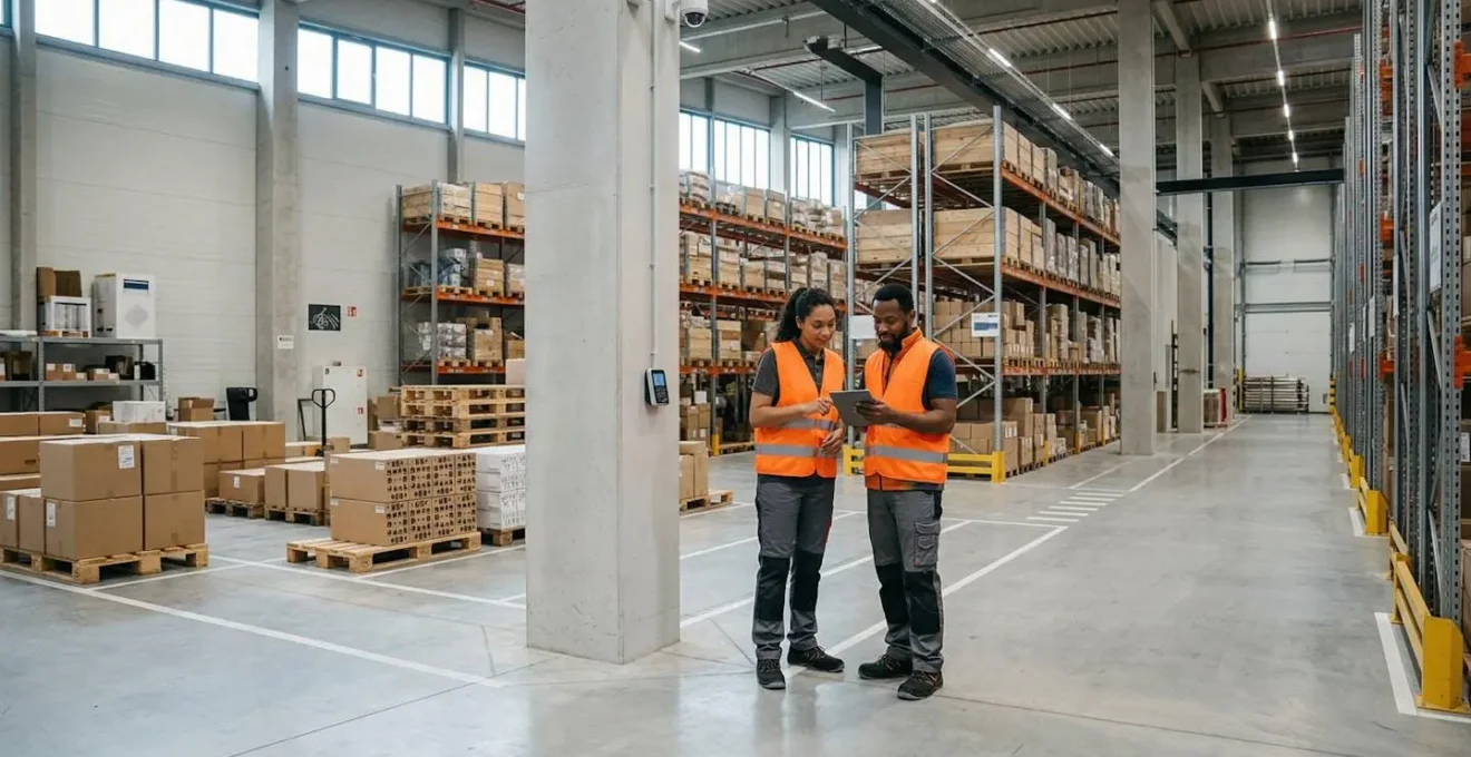 Entrepôt moderne organisé avec équipes collaboratives et zones sécurisées dans une atmosphère de confiance