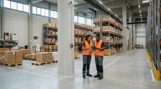 Entrepôt moderne organisé avec équipes collaboratives et zones sécurisées dans une atmosphère de confiance