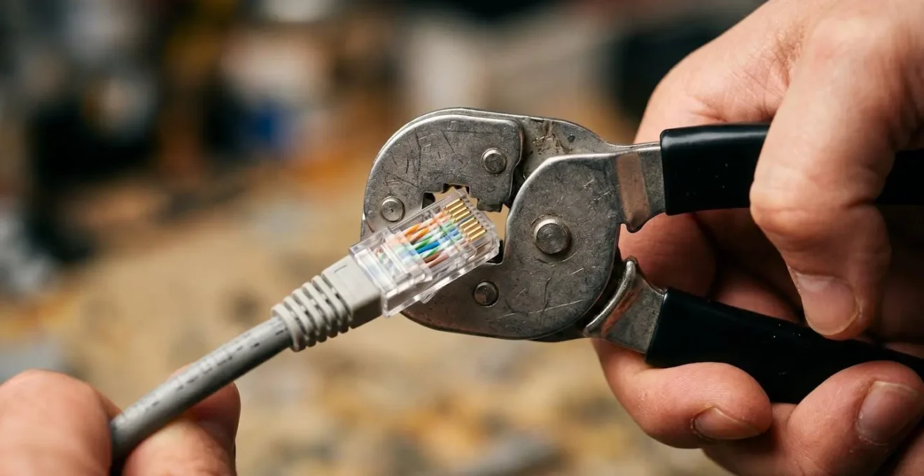 Gros plan sur le sertissage d'un câble Ethernet RJ45 avec pince professionnelle