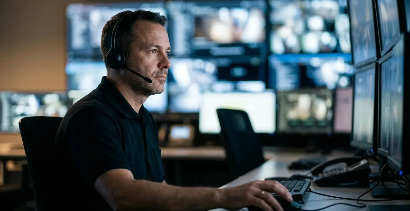 Opérateur de télésurveillance surveillant plusieurs écrans dans une station de contrôle sécurisée la nuit