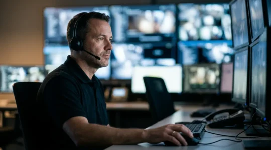 Opérateur de télésurveillance surveillant plusieurs écrans dans une station de contrôle sécurisée la nuit