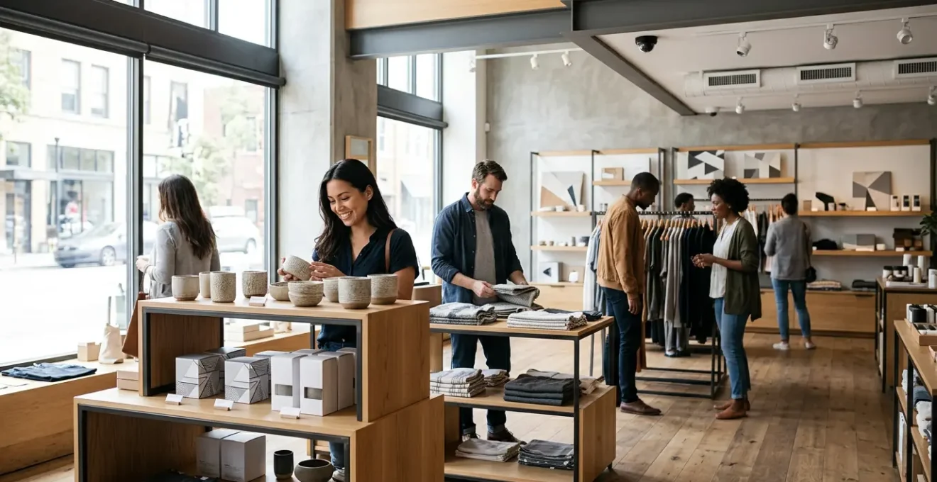 Commerce moderne avec système de sécurité discret et clients sereins dans leur parcours d'achat